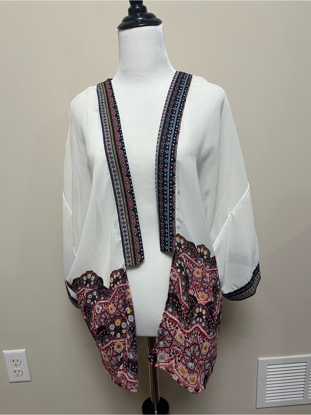 White Bohemian Open-Front sheer kimono with Multicolor Trim